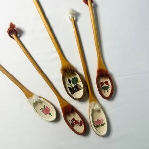 Vintage Bundle of 5 Kitsch Handmade Cross Stitch Wooden Spoons